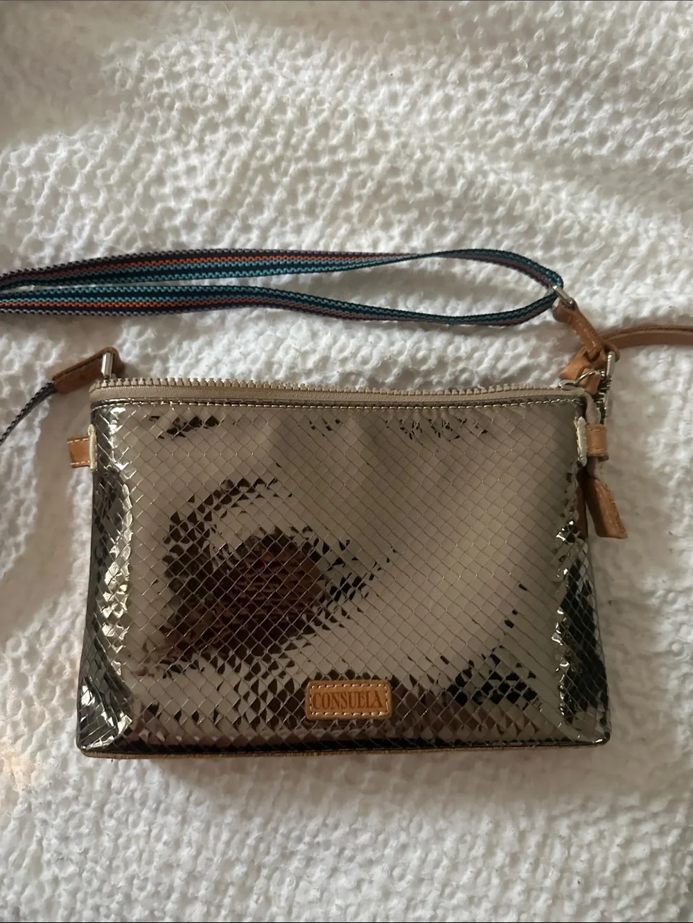 Consuela Metallic Pewter Snake-Embossed Wristlet with Striped Strap